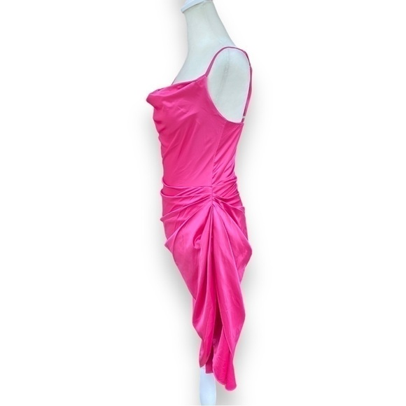 New HTZMO Fuchsia Ruched Cowl Neck Satin Midi Dress Size Extra Small - Picture 7 of 16